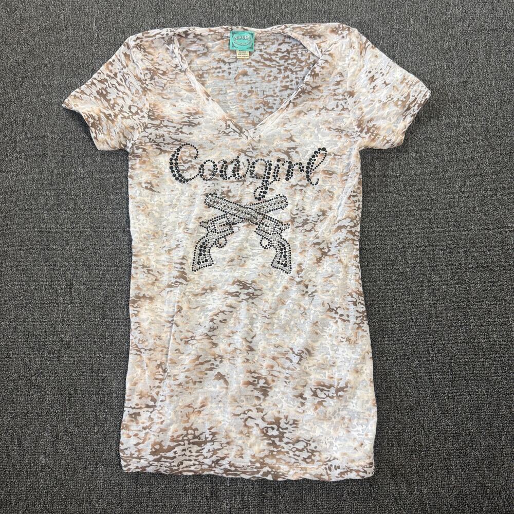 Vintage Y2k Cowgirl Gun Brown Mcbling Western v Neck Short Sleeve Women's M